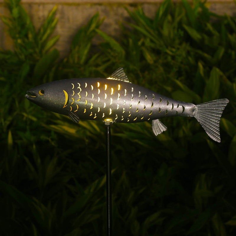 KAIXOXIN Solar Garden Lights Metal Fish Decorative Stake for Outdoor Patio Yard Decorations,Warm White LED Solar Path Lights (Silver-2) - Image 3